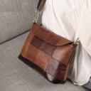 Dames handtas van echt leer Patchwork in bruine tinten Korte handgreep en lange schouderband Klep Achterzak met rits 29 x 19 x 11 cm 2