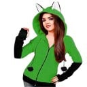 Dames hoodie met rits en capuchon met oortjes Koorden met pompons Zwarte mouwen met duimopeningen Twee voorzakken Zwarte onderrand Polyester 3
