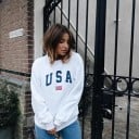 Dames hoodie zonder capuchon met print van de Amerikaanse vlag en tekst Ronde hals Lange mouwen Ribgebreide manchetten en rand Polyester 10
