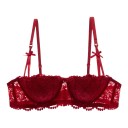 Dames kant balkonet beha met push-up effect en gesplitste bandjes met strikken met bloemenpatroon en golvende rand 7