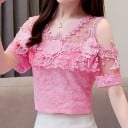 Dames kanten blouse met blote schouders en korte doorzichtige mouwen Bloemapplicatie V-hals Korte snit Polyester en spandex 3