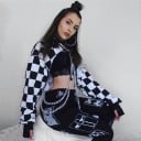 Dames korte hoodie met kettingen Zwart-wit geblokt patroon in punkstijl Lange mouwen Zwarte manchetten Katoen 2