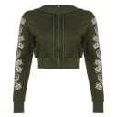 Dames korte hoodie met rits en capuchon in olivengroene kleur Ornamentale print op de mouwen Crop snit Van polyester met katoen en spandex 1