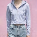 Dames korte hoodie met ritssluiting, capuchon en trekkoord, voorkant zakken, lange mouwen, ribgebreide manchetten en zoom, katoen 4