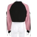 Dames korte hoodie met ronde hals Zwarte romp en roze raglanmouwen Decoratieve ritsen en hangende banden Polyester, katoen en spandex 6