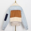 Dames korte jas van pluche en denim Patchworkstijl Grote pluche kraag Franje randen Zak op de mouw Polyester en katoen 5