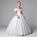 Dames lange feestjurk met blote schouders en ruffles met vetersluiting op de rug en gelaagde rok in prinsessenstijl 4