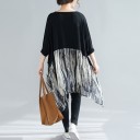 Dames lange losse blouse met lange mouwen Zwarte bovenkant en doorschijnende onderkant met abstract patroon Asymmetrische puntige zoom Polyester 5