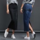Dames lange spijkerrok met split achter Aansluitend recht model Lengte onder de knieën Vervaagde uitstraling Katoen met spandex 3