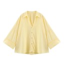 Dames licht linnen overhemd met kraag Brede mouwen Asymmetrische zoom Knoopsluiting Luchtige blouse van natuurlijk materiaal 5