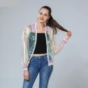 Dames lichte transparante bomberjack met parelmoerachtige regenboogglans Ritsluiting Pastelkleurige gestreepte ribkraag, manchetten en onderrand 2