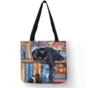 Dames linnen tas met geschilderde print van katten tussen boeken en antiek Vierkante tas 40 x 40 cm met zwarte handvatten voor elke dag 1
