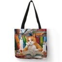 Dames linnen tas met geschilderde print van katten tussen boeken en antiek Vierkante tas 40 x 40 cm met zwarte handvatten voor elke dag 9