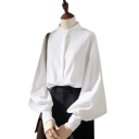 Dames losse blouse met opstaande kraag en ballonmouwen Elegante blouse met knoopjes en wijde lange mouwen Luchtige snit voor elke dag 2