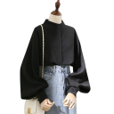 Dames losse blouse met opstaande kraag en ballonmouwen Elegante blouse met knoopjes en wijde lange mouwen Luchtige snit voor elke dag 1