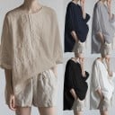 Dames losse blouse van 100% katoen Ronde hals Brede omgeslagen mouwen Verlengde achterkant Zijsplitten Plooien op de borst 5