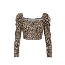 Dames luipaard blouse in korte snit Lange luchtige mouwen Hartvormige halslijn met geplooid midden Glad polyester stof 2