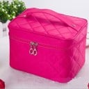 Dames make-up tas in de vorm van een koffer Gequilt nylon met ruitpatroon Handvat op de deksel Ritssluiting met twee ritsen 22 x 15,5 x 6