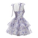 Dames net mini jurk met spaghettibandjes, strikjes en corset bovenstuk met vetersluiting op de rug in blauw-witte kleur met bloemenpatroon 2