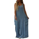 Dames overall losse pasvorm Effen top met O-hals Lange broek met zakken Lichtgewicht polyester overall voor de zomer 4