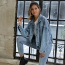 Dames oversized denimjas Lichtblauwe gewassen denim Verlaagde schouders Knopen sluiting Ingezette zakken Katoen met spandex 6