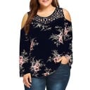 Dames plus size blouse met bloemenprint en kanten inzet Uitsparingen op de schouders Lange losse mouwen Ronde hals Polyester 2