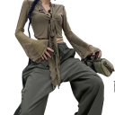 Dames polopr transparante blouse Universele maat V-hals Lange mouwen Rimpeling Bindstrik Elegant 3