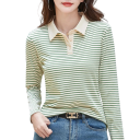 Dames Poloshirt Lange Mouwen V-Hals Kraag Knopen Gestreept Katoen Comfortabel Elegant Casual Top Zomer Lente 6
