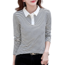 Dames Poloshirt Lange Mouwen V-Hals Kraag Knopen Gestreept Katoen Comfortabel Elegant Casual Top Zomer Lente 3