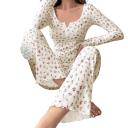 Dames pyjama met lange mouwen en broek Effen set met bloemenpatroon van polyester en spandex in verschillende elegante kleuren 8