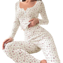 Dames pyjama met lange mouwen en broek Effen set met bloemenpatroon van polyester en spandex in verschillende elegante kleuren 4