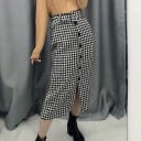 Dames rechte midi rok met houthakkersruit Zwart-wit Rij decoratieve knopen aan de voorkant Brede tailleband Split Polyester 3