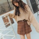 Dames ruitjes mini rok met hoge taille Asymmetrische overlappende snit Riem met metalen ring A-lijn vorm Stof met katoen 4