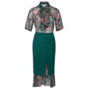 Dames set bloemenblouse met strik en groene kokerrok met volant Blouse met korte mouwen Rok met knopen en split Polyester 1