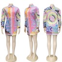 Dames set blouse en geplooide rok Kleurrijke ornamentale print Blouse met lange mouwen en kraag Rok met elastische tailleband Polyester 5