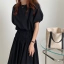 Dames set blouse en lange rok Blouse met korte ballonmouwen Rok met brede gerimpelde taille Katoen en linnen met polyester 1