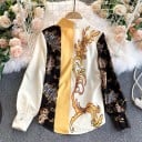Dames set blouse met lange mouwen en shorts Barok ornamentenprint Zwart, crème en goudgeel Kleur Hoge taille Polyester 4