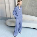 Dames set glanzend shirt met lange mouwen en brede broek Elegante set met kraag en verborgen sluiting Polyester 4