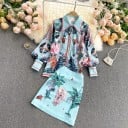 Dames set lichtblauw overhemd en mini rok met tropische print Overhemd met ballonmouwen en kraag Korte A-lijn rok Polyester 1