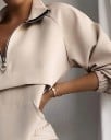 Dames set sweater met rits en opstaande kraag en broek met zakken Kangoeroezak Raglanmouwen Elastische manchetten Polyester en katoen Beige 3