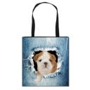 Dames shopper tas met realistische print van een dier dat uit gescheurde spijkerstof kijkt Katoen en polyester Zwarte handvatten Vierkante vorm 13
