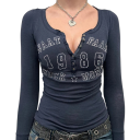 Dames T-shirt met diepe hals en knoopjes, print uit 1986, retrostijl, streetwear, slim fit, lange mouwen, stijlvolle alledaagse mode 3