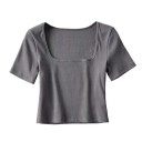 Dames T-shirt met korte mouwen Elegante vierkante halslijn Slanke pasvorm Lichtgewicht geribbeld materiaal Stijlvolle basic top voor dagelijks gebruik 7
