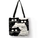 Dames tas met zwart-wit print van getekende katten Linnen polyester Vierkante vorm 40 x 40 cm Zwarte handvatten Grote ogen en lange snorharen 5