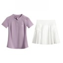 Dames tweedelige sportset t-shirt met korte mouwen en voorrits en geplooide rok elastische set van polyester voor tennis en sport 3