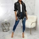 Dames verlengde spijkerjas met rafelige zoom en gescheurde effecten Borstzakken Knopen sluiting Lange mouwen Polyester 5