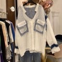 Dames witte blouse met grote borstzakken Blauwe franjesranden Blauwe zadel op de rug Lange losse mouw met volant Polyester 1