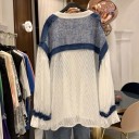 Dames witte blouse met grote borstzakken Blauwe franjesranden Blauwe zadel op de rug Lange losse mouw met volant Polyester 4