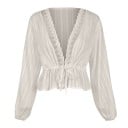 Dames witte blouse met lange ballonmouwen Diepe V-hals met kant Taille aangesnoerd met strikkoord met volant Fijn gestreepte polyester 1