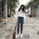 Dames witte elegante blouse met lange luchtige mouwen en manchetten Staande kraag Knopen sluiting Polyester en katoen 3